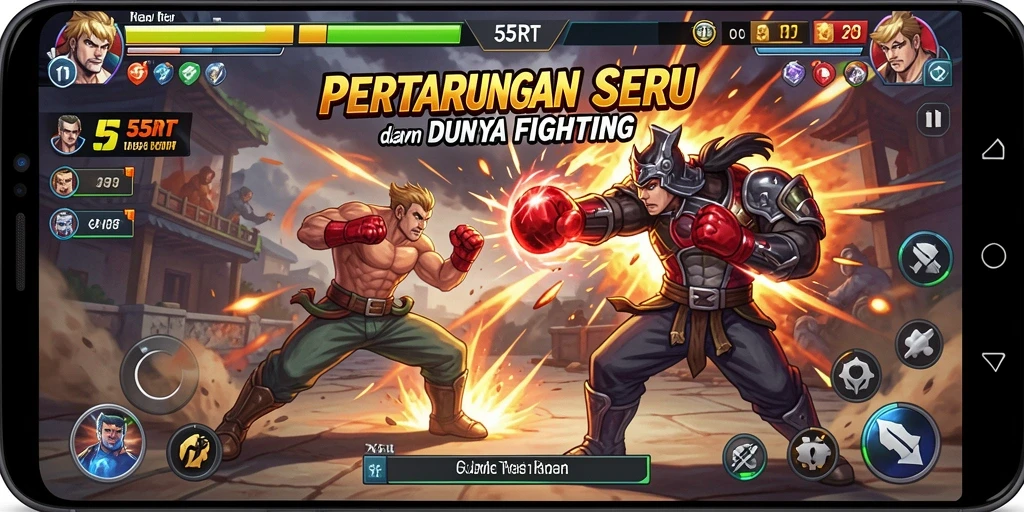 Tampilan gameplay 55RT dengan pertarungan yang intens dan karakter yang unik.