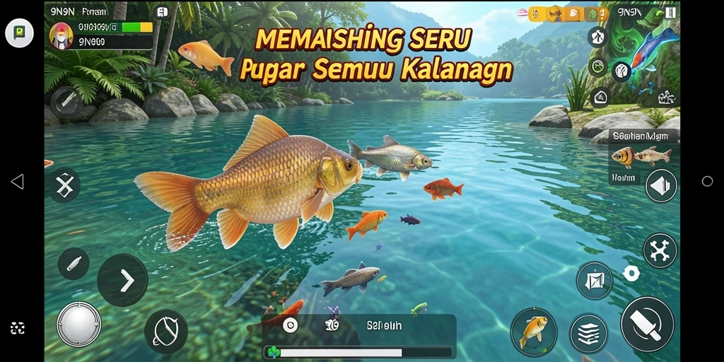 Screenshot gameplay 9N9N menampilkan aksi memancing yang intens dan berwarna.