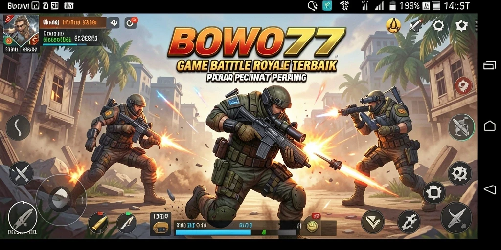 Screenshot utama BOWO77 menampilkan pertarungan seru dalam game Battle Royale.