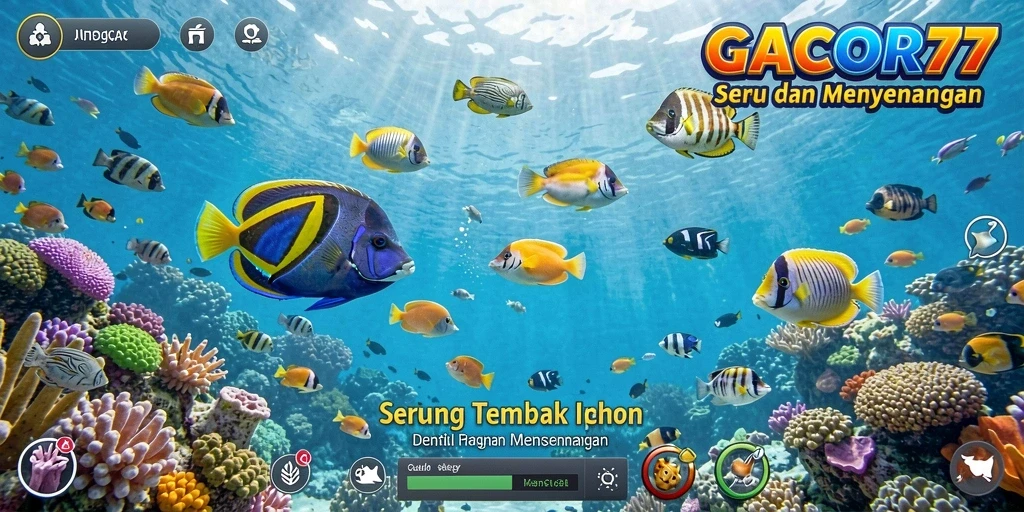 Screenshot menunjukkan gameplay GACOR77 dengan aksi menembak ikan yang mendebarkan.