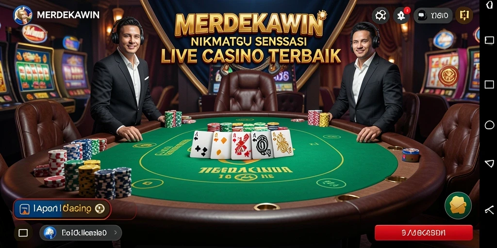 Tampilan utama MERDEKAWIN dengan dealer dan permainan Live Casino yang menarik.