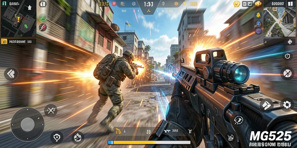 Screenshot MG525 menunjukkan aksi tempur yang intens dalam gameplay FPS.