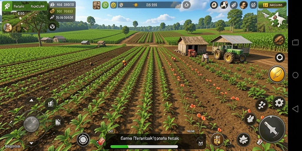 Tampilan gameplay RAJACUAN yang memukau dengan ladang hijau.