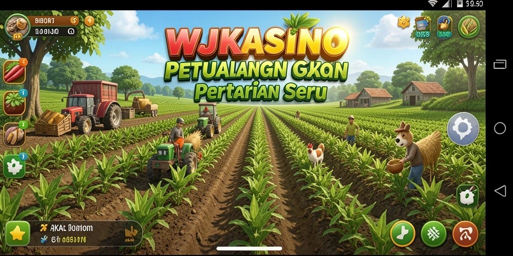 Screenshot gameplay WJKASINO menampilkan kebun yang hijau dan hewan ternak yang sehat.