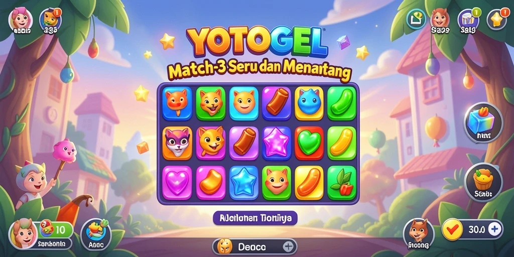 Screenshot gameplay YOTOGEL yang menampilkan elemen Match-3 yang berwarna-warni.